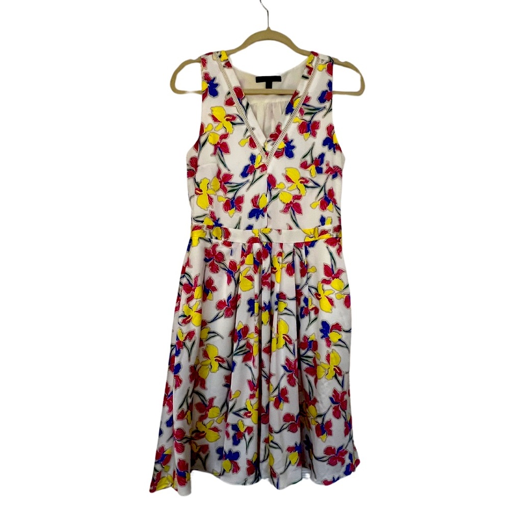 EUC Women’s Blue, Pink & Yellow Floral Banana Republic V-Neck Flowy Dress Size 6